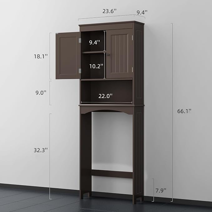Bealife Over The Toilet Storage Cabinet with Open Shelf - Espresso | Over Toilet Bathroom Organizer with Adjustable Shelf and Double Doors, Space Saver Free Standing Storage Shelf for Bathroom