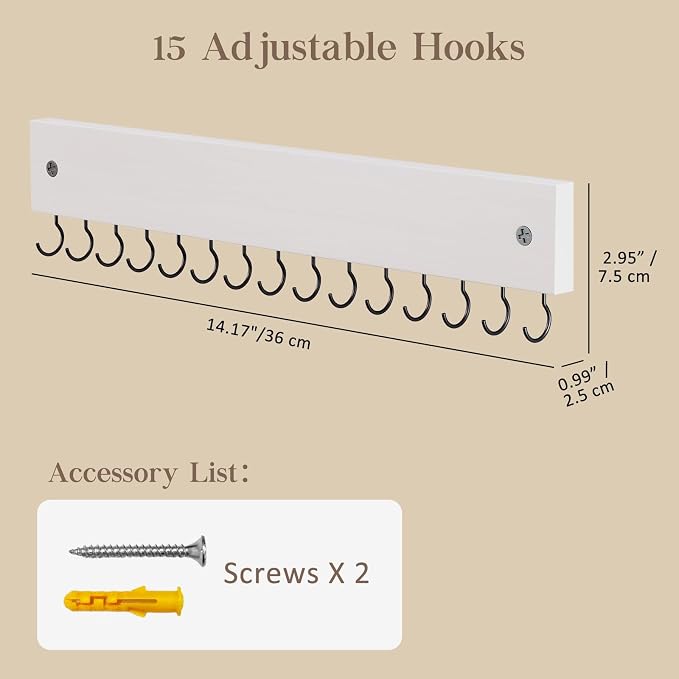 Lolalet Wooden Necklace Holder for Wall with 15 Hooks -2 Set, White | Wall Mount Jewelry Hangers for Necklaces, Chains, Bracelets and Earrings, Tangle-free, Easy to Install