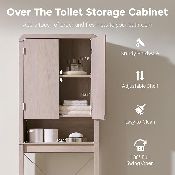 Over the Toilet Storage Cabinet, 69.69" Curved Bathroom Storage Organizer Cabinet with Doors and Adjustable Shelves, Wooden Free Standing Toilet Space Saver Rack, Cream