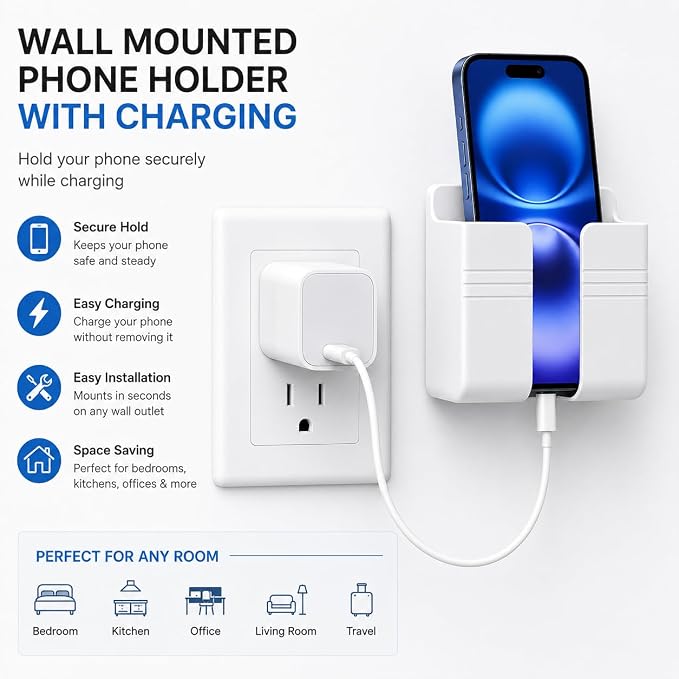 Wall Phone Holder, Adhesive Phone Wall Mount with Cable Hole, Bathroom Bedside Kitchen RV Phone Holder Compatible with iPhone, Android Phones and Remote Controls (White)