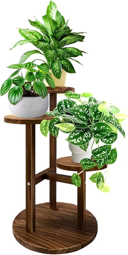 GEEBOBO 3 Tier Plant Stand Indoor, Tiered Wood Plant Stand for Indoor Plants, 21" Height Space Saving Small Corner Plant Shelf, Plant Stands for Tabletop, Balcony, Living Room (Brown)
