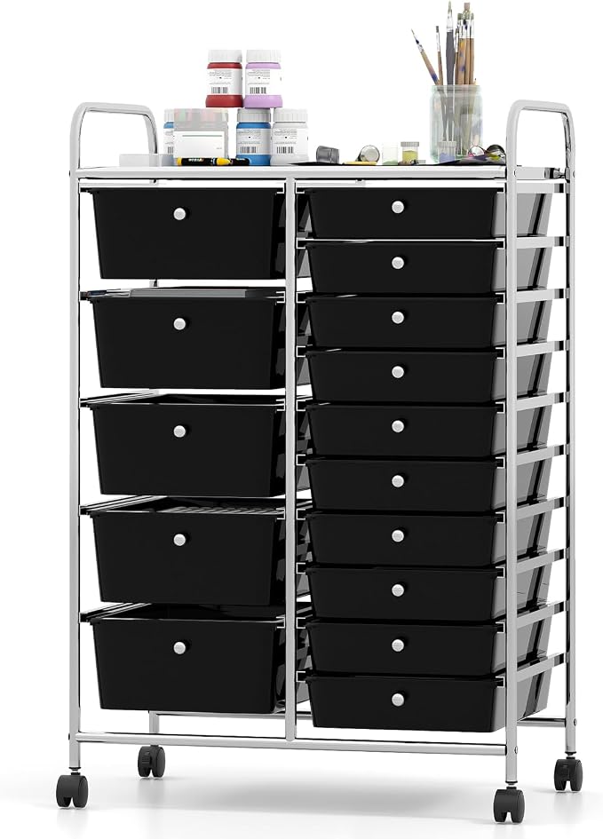 DREAMADE 15-Drawer Rolling Storage Cart, Mobile Craft Cart, Black | Utility Organizer with Lockable Wheels, Removable Plastic Drawers and Metal Frame for Home Office, Classroom and Studio