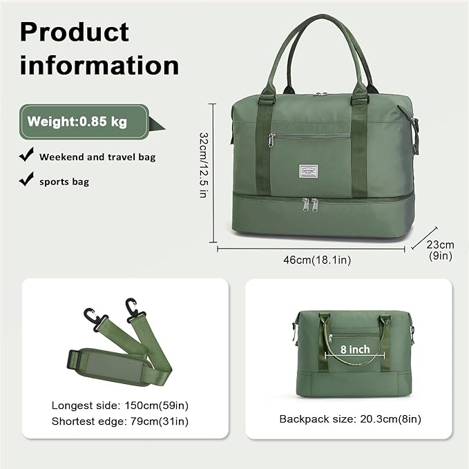 TANTOMI Travel Duffle Bag for Women Personal Item Travel Bag with Shoes Compartment, Weekender Overnight Bag Carry On Duffle Bag Tote Gym Bag for Travel, Sports, Hospital, Dance, Green