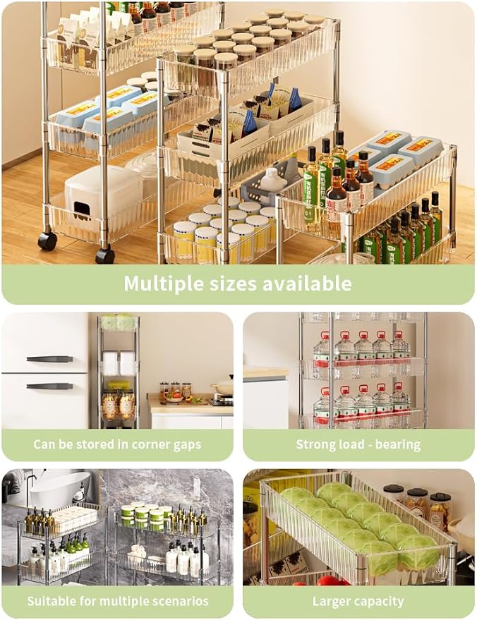 Sooyee Slim Clear 3-Tier Plastic Rolling Utility Cart with Wheels | Multi-Functional Storage Trolley, For Office, Living Room, Kitchen, Movable Storage Organizer