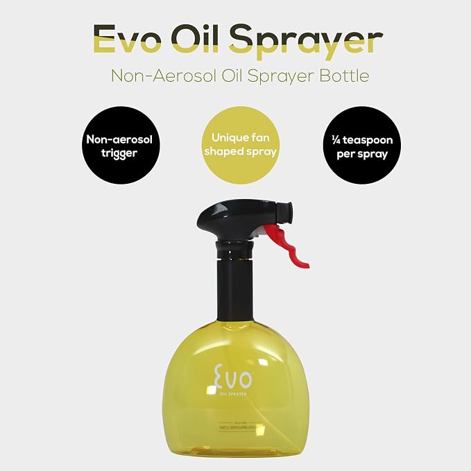 Evo Oil Sprayer Minis, Non-Aerosol for Olive, Cooking Oils, and Vinegars, 8-Ounce Capacity, 1 Each Yellow and Green | Non-Aerosol Sprayers, 8 Fl Oz, ~0.25 Tsp and Pull, Bpa and Dehp and Latex-Free Food-Safe Plastic, Twist-on Funnel