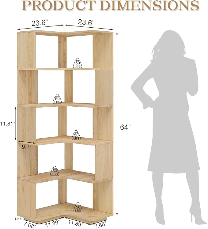 Tall Corner Bookshelf, 6-Tier Solid Pine Wood Corner Bookcase, 64" L-Shaped Book Shelf with Anti-Tip Kit, Freestanding Display Shelf for Small Spaces, Living Room, Home Office