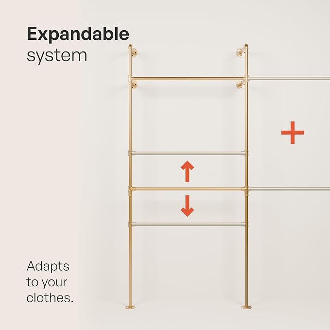 pamo Industrial Clothing Rack Wall Mounted Gold – 79" W × 87" H, 660 lbs | Heavy Duty Pipe Closet System in Gold Powder Coated Steel, Scratch-Resistant, Double Rod, Easy Assembly