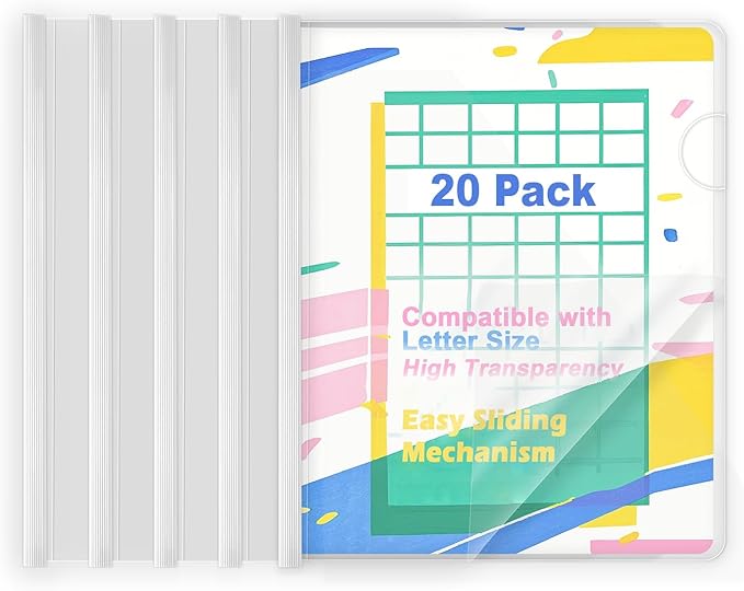 TOTiyea 20 Pack Clear Report Covers with Sliding Bars, 9mm (70 Sheet Capacity) White Sliding Bar File Folders, for Letter Size