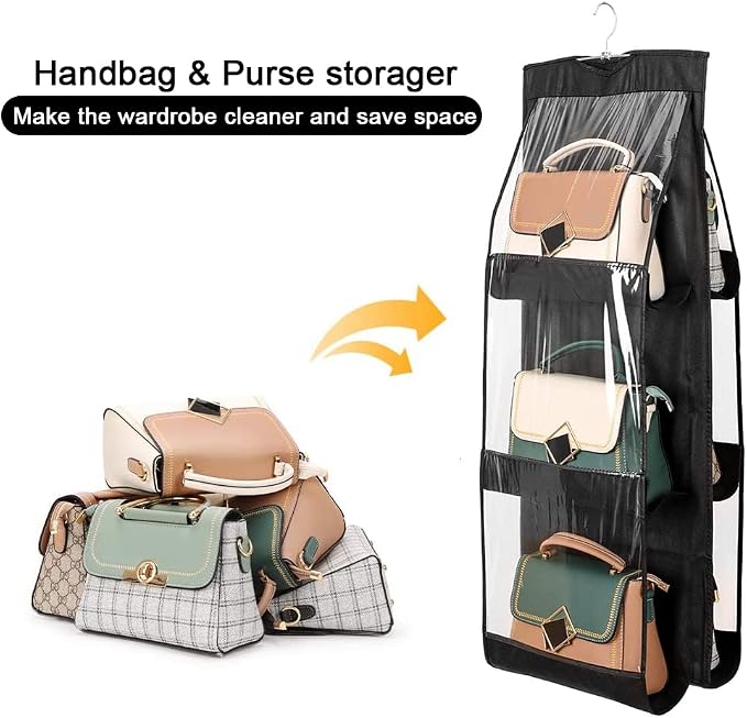 AYWVRBST Handbag Purse Organizer, 2Pcs 6 Pockets, Dust Proof Purse Organizer Closet, Wardrobe Closet Organizer, Washable Handbag Organizer for Handbags Purse (Black+Gray)