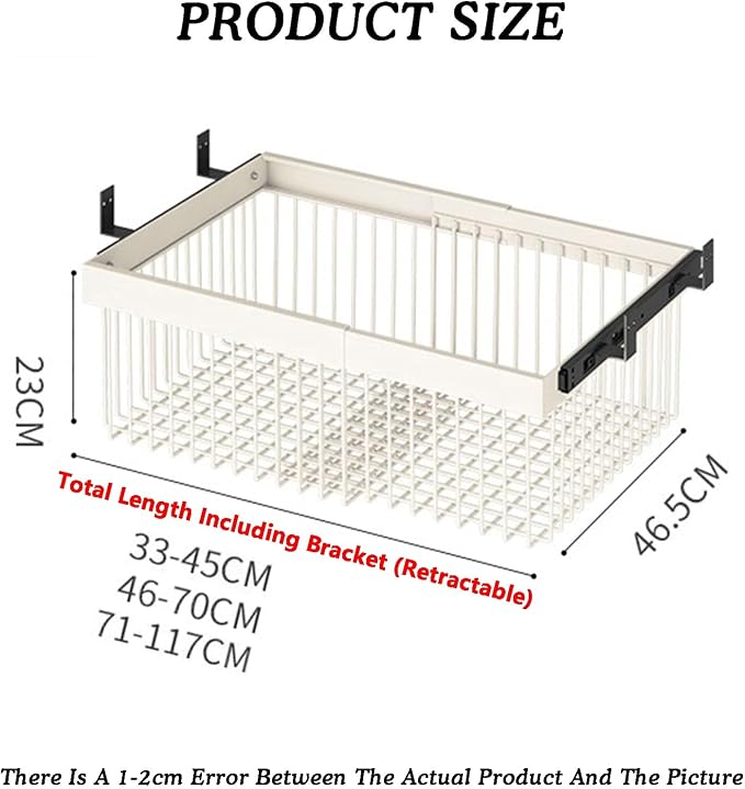 Pull Out Basket Drawer with Runners,Metal Under Shelf Storage Basket,Stackable Storage Bins,Adjustable Width 33-117cm,for Wardrobe Organization(Width 71-117cm)