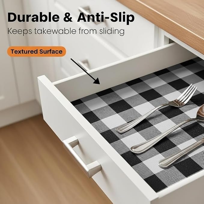Coavas Shelf and Drawer Liner, Non Slip Extra Grip Non Adhesive Waterproof Thickened Cabinet Mat, Easy Cut for Kitchen Pantry Bathroom Dresser Cupboard (Black Stripe, 12IN x 20FT)