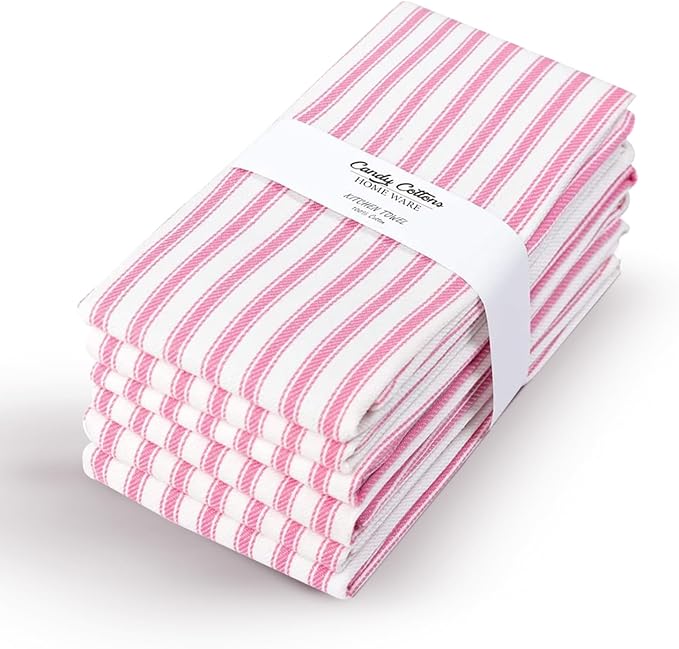 Set of 6 Kitchen Towels, 100% Cotton Dish Towels, with Hanging Loop, Dishcloth Sets for Washing & Drying Dishes, Tea Towels & Hand Towels 18x28, French Stripe, Pink