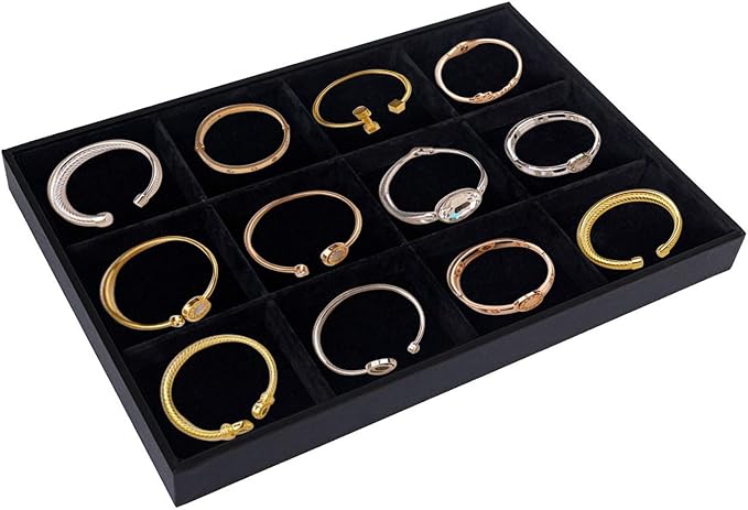 Stratalife 12 Grid Jewelry Organizer Tray, Stackable Drawer Earring Organizer with Adjustable Dividers, Jewelry Display Tray for Necklace Earring Ring Bracelet, 13.8" x 9.4" x 1.2", Black
