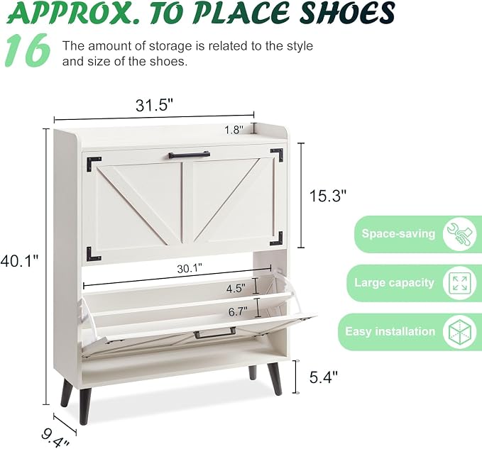Barnyatoh Shoe Storage Cabinet with 2 Flip Drawers, Farmhouse Hidden Shoe Organizer, Narrow Slim Shoe Rack Cabinet for Entryway Hallway,Antique White