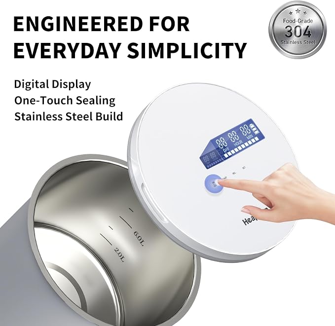 Heapsion Vacuum Food Storage Container, Rice, Pet Food Storage Container, Stainless Steel, Airtight, Automatic Vacuum Storage Container, Long-Term Storage, Keeps Fresh, Insect-proof, White, 10L//22LB
