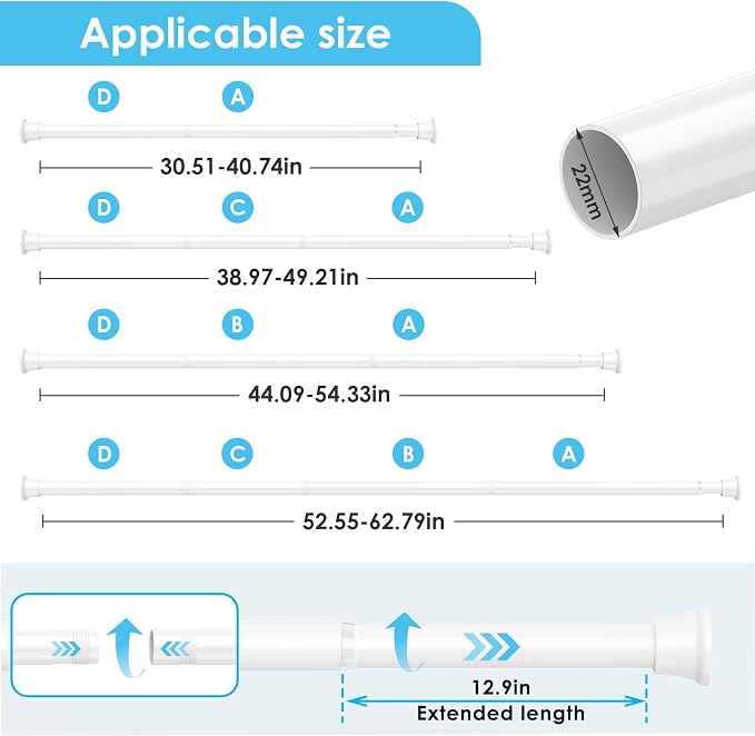 1Pcs Tension Curtain Rod 31 To 63 Inch White Shower Curtain Rod No Drilling Adjustable Spring Loaded Curtain Rods 7/8"Diameter Shower Rods For Bathroom Windows Bedroom Closet Doorway Door