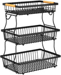 3 Tier Fruit Basket for Kitchen Counter with 2 Banana Hangers, Countertop Metal Fruit Bowl with Wooden Handle, Large Storage Stand for Vegetables, Snacks, Breads, Produce Storage – Black