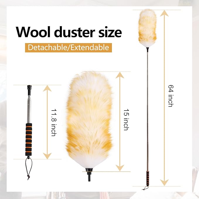 Lambswool Extendable Cleaning Duster 26-64 Inch Two-Pack, Anti-Static Wall Duster Cleaner with Sponge Grip and Stainless Steel Extension Pole for High Ceiling Fan, Interior, and Roof Dusting