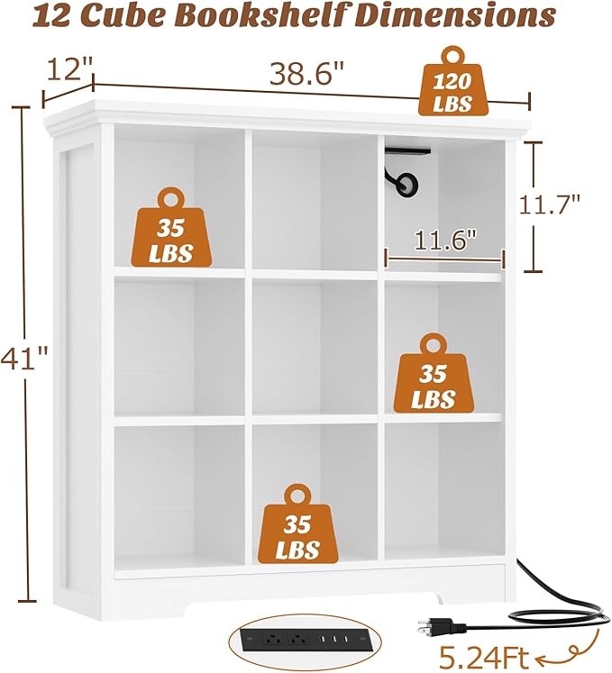 Aheaplus Wooden 9-Cube Storage Organizer with Charging Ports, Modern Cube Bookcase with Base, 4-Tier Floor Standing Open Cubbies Bookshelf, Cubicle Display Shelf for Home and Office, White