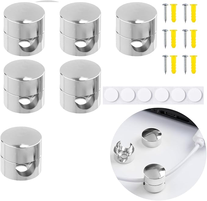6 Sets Charger Cord Holder Stick on, Silver Metal Adhesive Cable Management Clips,Adjustable Phone Cable Anchor Holders,Wire Organizer for Desk, Wall, Home, Office, nightstand, Dresser, Chandelier