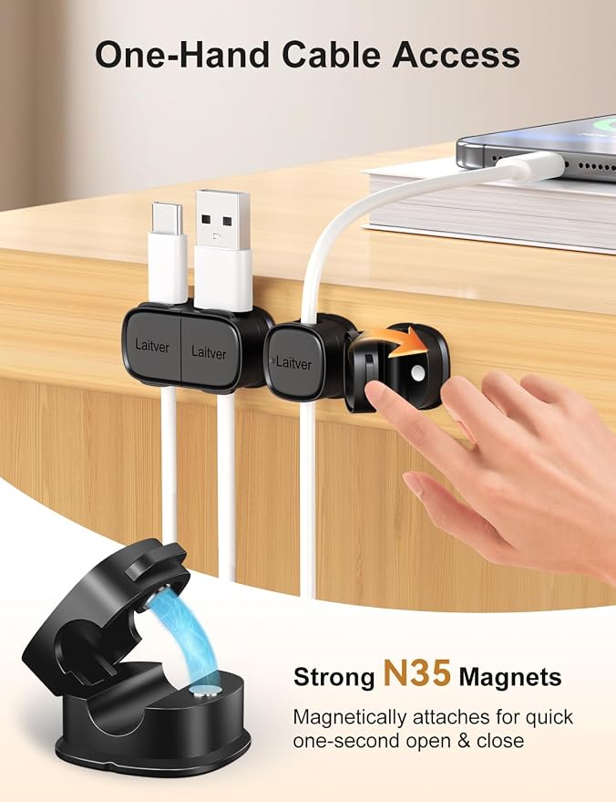 6 Pack Magnetic Cable Clips [1s Open/Lock], Laitver Cord Organizer Holder Strong Adhesive Desk Cable Management- Organize Charging Cords Neatly for Home, Office, Car,Desk, Nightstand-Black | Strong Adhesive Desk Cable Management- Organize Charging Cord...