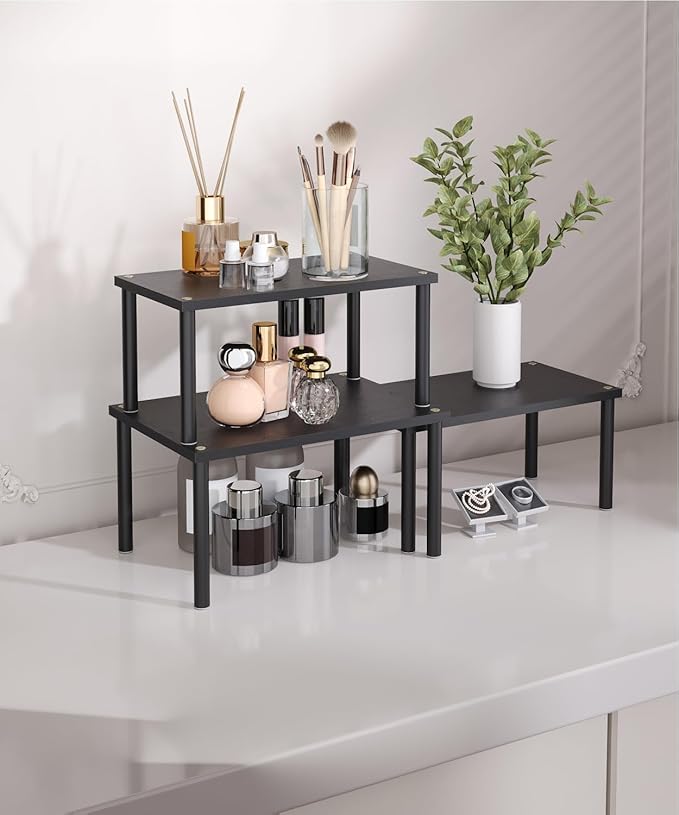 Cabinet Organizer Shelf(Set of 3),Bamboo Kitchen Counter Shelves for Countertop and Cabinet,Stackable Shelf Spice Racks,Medium (Black)