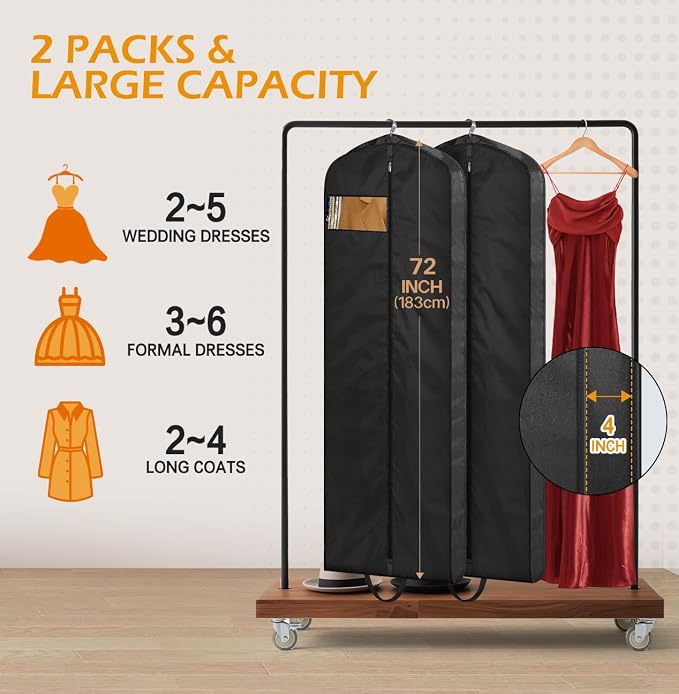 MISSLO 72" Wedding Dress Garment Bag Waterproof Garment Bags for Travel for Women Dress Bags for Gowns Long for Closet Storage 2-Pack, Black