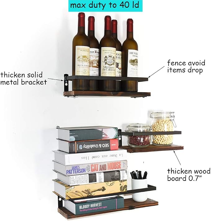 PHUNAYA Floating Shelves Rustic Wood Wall Mounted Shelf Practical Metal Fence Design Ideal for Bedroom, Bathroom, Kitchen Set of 3(Brown)