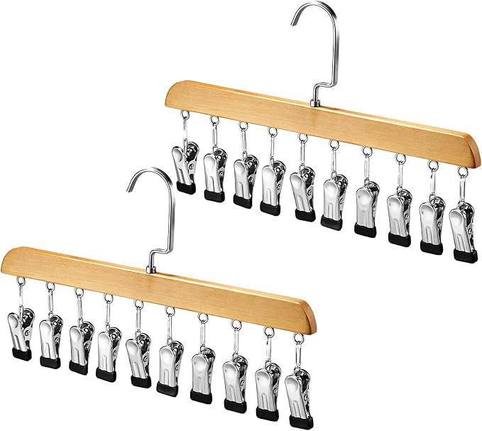 Novabright 2 Pcs Closet Organizers with 10 Clips Hat Pants Scarf Socks Hangers Wood Space Saving Rotating Hanging Hangers Clothespins with Padded Clips for Leggings Bra Tie Belt Jeans Skirt (Wood)