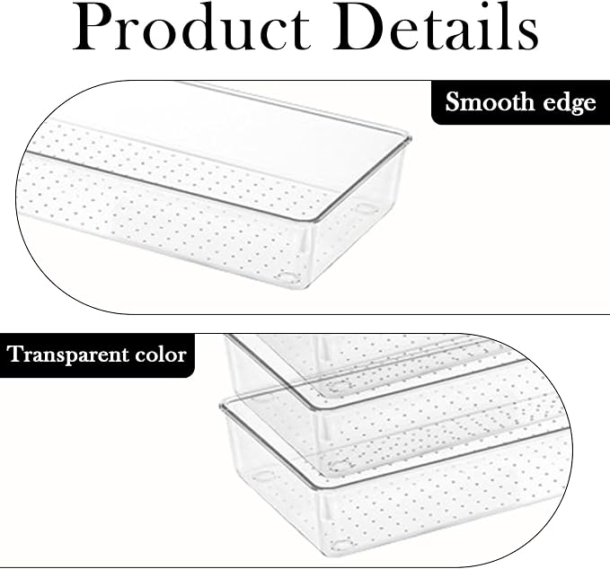 Clear Drawer Organizer Trays 6 Pack Plastic Dividers Bins | 15x6x2 Inch Desk Separator, Stackable Dresser Makeup Kitchen Office Storage Boxes, Cosmetic Utensil Flat Container Case