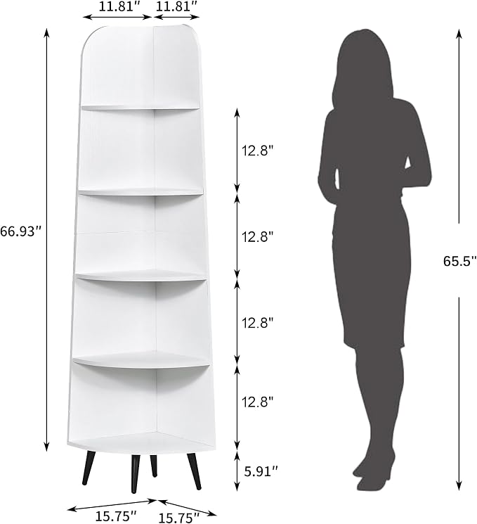 VECELO 5-Tier Curved Corner Shelf, 66.93" Tall Freestanding Corner Bookshelf, Wood Grain Narrow Corner Storage Display Rack with Wooden Legs for Living Room Bedroom Small Space, White