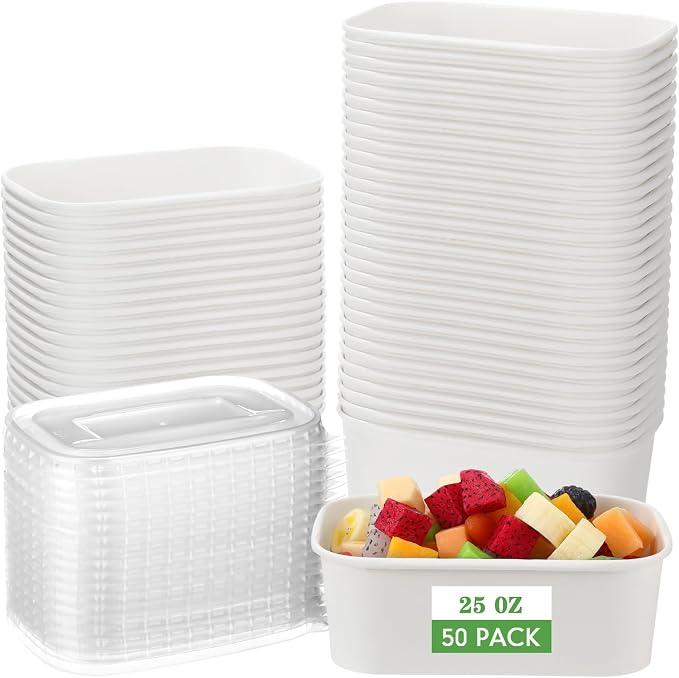 Maxdot 50 Pack 25 oz Disposable Food Containers with Lids Paper Food Containers Bowls for Meal Prep, Salad, Ice Cream, Yogurt, Soup Bowls Party Leftover Box