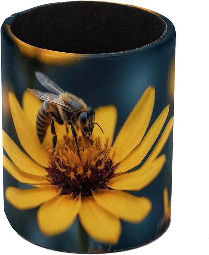 Leather Pen Holder for Desk, Honeybee Pencil Cup Pen Organizer Makeup Brush Holder for Office Home Kids Countertop Desk Accessory Storage