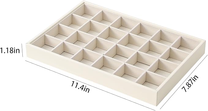 Stackable Jewelry Organizer Tray For Drawers,White Leather Small Earring Storage Tray,Bracelet And Necklace Display Box,Jewelry Ring Display Case (24 Grids)