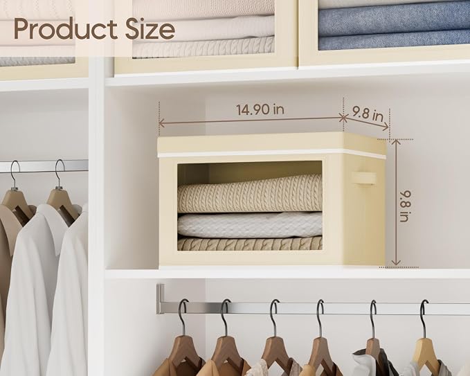 Homsorout Collapsible Storage Bins with Lids - Stackable Storage Containers with Window, 3 Pack Fabric Organizing Bins for Closet, Home & Office Organization Baskets, Beige, 14.9" x 9.8" x 9.8"