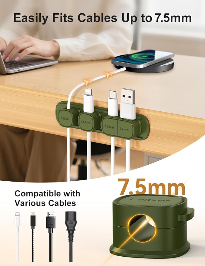 6 Pack Magnetic Cable Clips [1s Open/Lock], Cord Organizer Holder | Strong Adhesive Desk Cable Management- Organize Charging Cords Neatly for Home, Office, Car,Desk, Nightstand-Deep Green