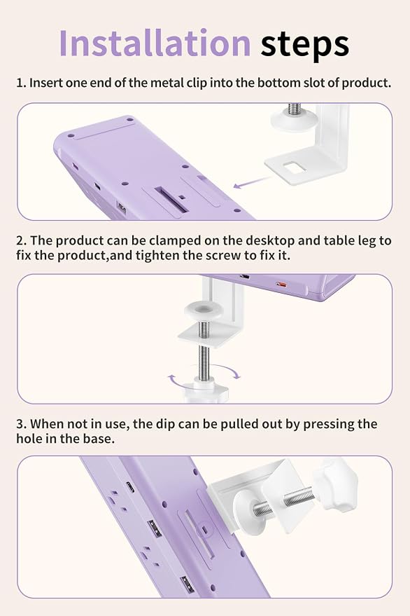 6.5 FT Desk Clamp Power Strip with 5 AC Outlets & 6 USB Ports PD 40W USB-C Fast Charging, Extension Cord with Multiple Outlets, Fits 2.1 in top Edge Purple