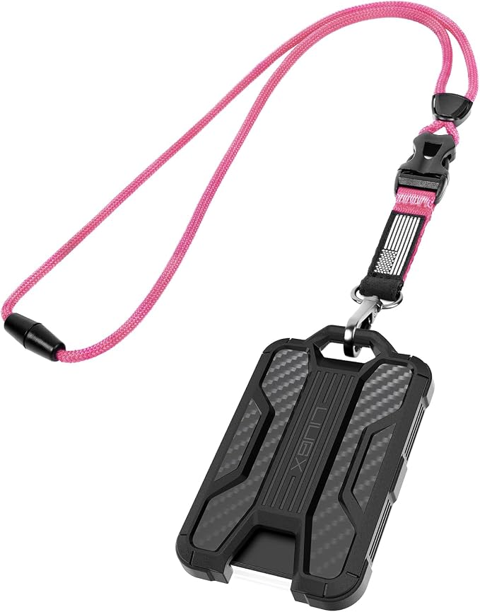 LIUGX Badge Holder with Breakaway Lanyard, Carbon Fiber-Texture, 6 Cards | American Flag, Quick Release Detachable Buckle, Metal Clip, Heavy Duty ID Card Holder, for Work, Office, Easy to Use, Pink