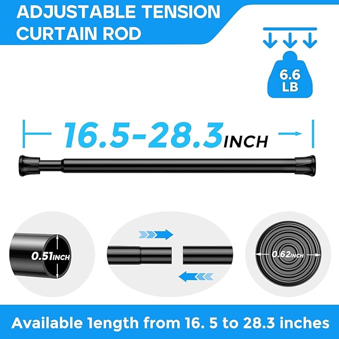 6 Pack Black Spring Tension Curtain Rods 18-28" No-Drill Adjustable | Wide range of uses: Spring loaded curtain rod for windows, closets or kitchen; easy install