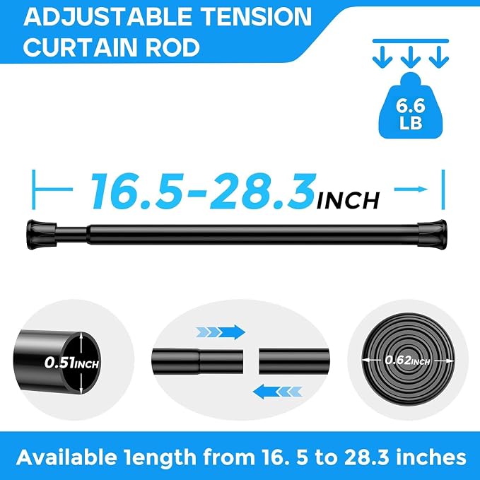 2 Pack Black Spring Tension Curtain Rods 18-28" No-Drill Adjustable | Wide range of uses: Spring loaded curtain rod for windows, closets or kitchen; easy install