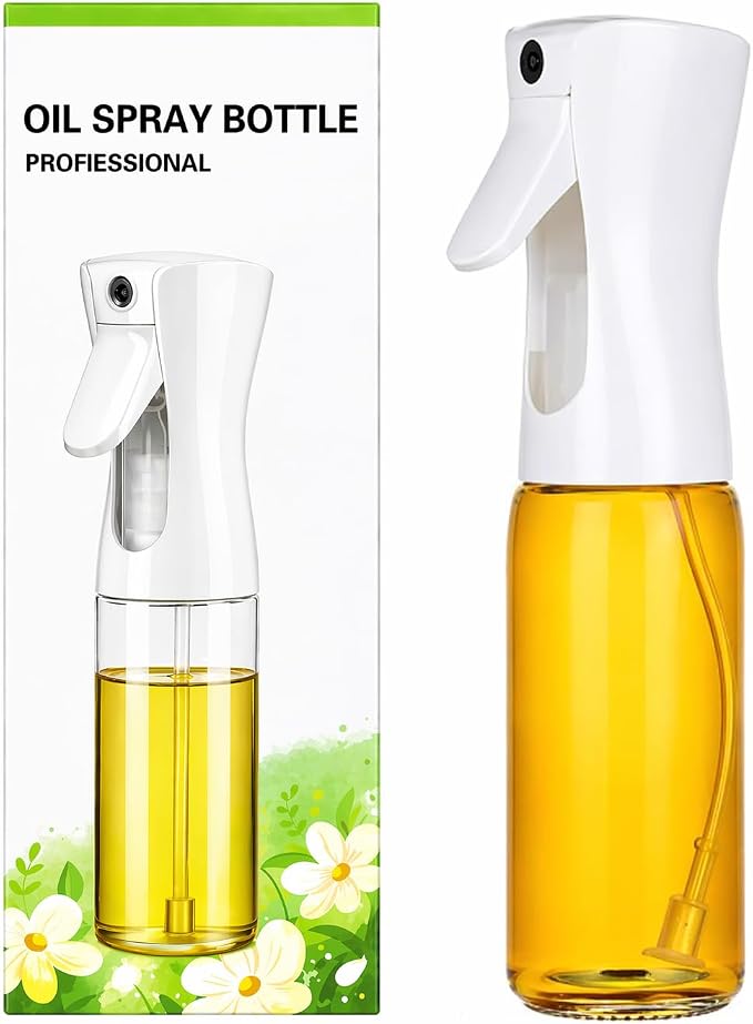 Oil Sprayer for Cooking 230ml Glass Olive Oil Spray Bottle, Refillable Oil Sprayer for Air Fryer, Salad, Baking & BBQ, Kitchen Gadget (White Lid)