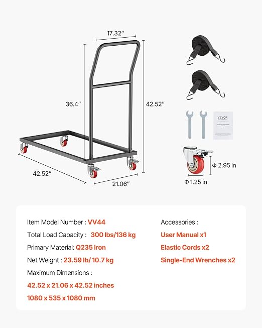 VEVOR Folding Chair Rack, 300 LBS Capacity, L-Shape Vertical Placement Chair Cart for 25 Chairs, Heavy-Duty Metal Chair Storage Dolly with Rubber Wheels, Multi-Function Chair Holder, Matte Black