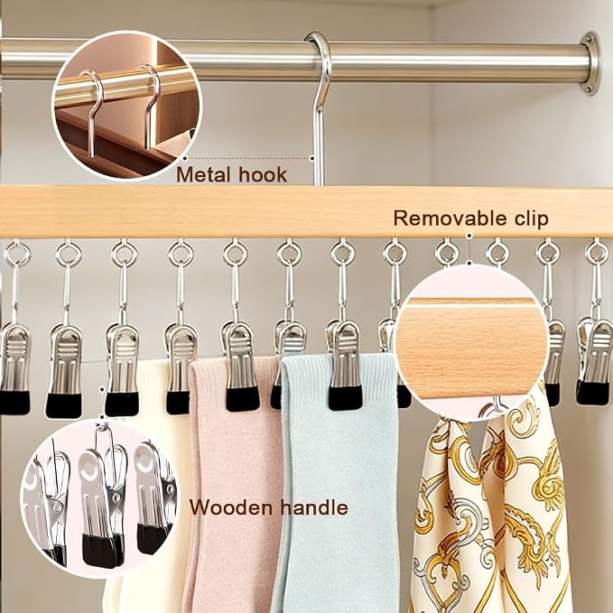 Closet Organizer with 12 Clips, Space Saving Hanging Closet Storage for Hats, Scarves, Jeans, Skirts, Socks, Pants, Multi-Purpose Clip Hanger(Wood TypeA)