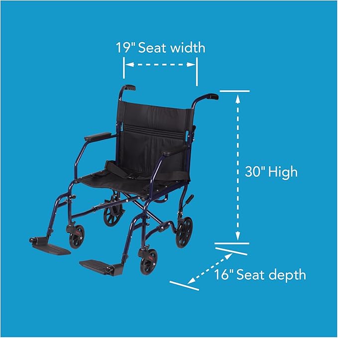Carex Transport Wheelchair With 19 inch Seat, Folding Transport Chair with Foot Rests, Foldable Lightweight Wheelchair Foldable for Storage and Travel