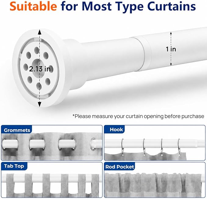ALLZONE Adjustable Tension Curtain Rod, 42 to 78 Inches, Spring Loaded Curtain Rods No Drilling, Renter Friendly Tension Rod for Windows, Shower, Closet, No Drill, Non-Slip, White