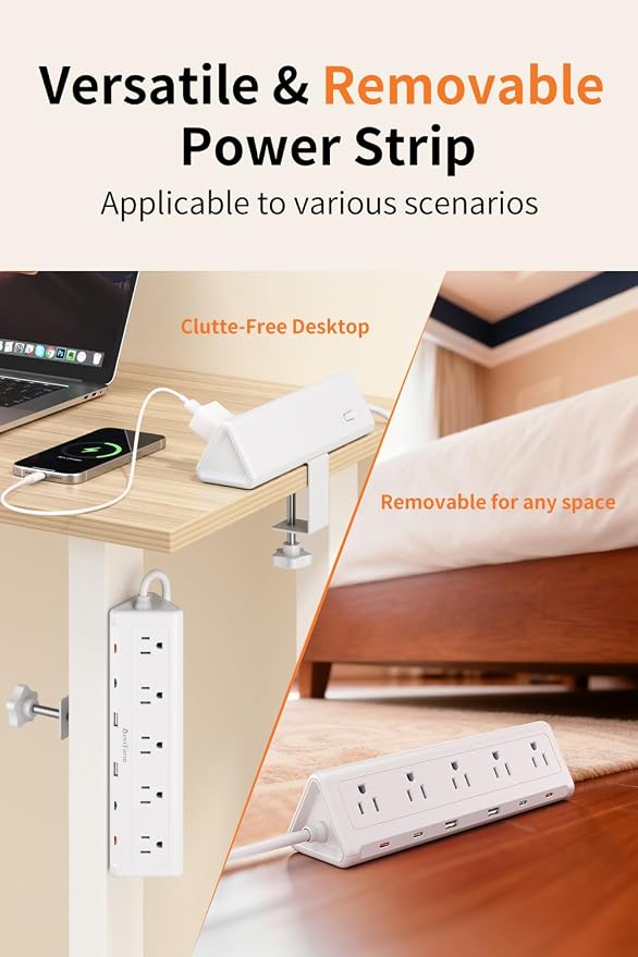 6.5 FT Desk Clamp Power Strip with 5 AC Outlets & 6 USB Ports PD 40W USB-C Fast Charging, Extension Cord with Multiple Outlets, Fits 2.1 in top Edge White