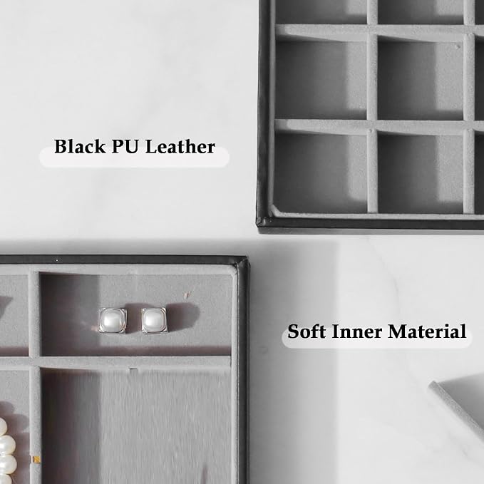 Large Jewelry Organizer Tray 2 Pack, Stackable Jewelry Storage Holder for Drawer Inserts, PU Leather Velvet Jewellery Display Case for Earring Bracelet Necklace Ring (Black Gray, 35 Grids)