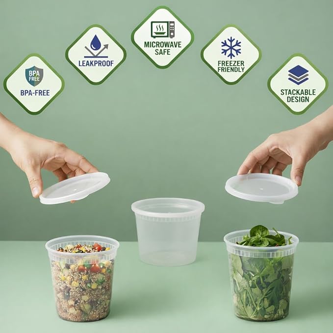 144 Sets Plastic Deli Containers with Lids - 16oz Pint & 32oz Quart | Leak Proof, Microwaveable, Dishwasher & Freezer Safe - Plastic Food Storage, Meal Prep, Restaurant & Soup Containers