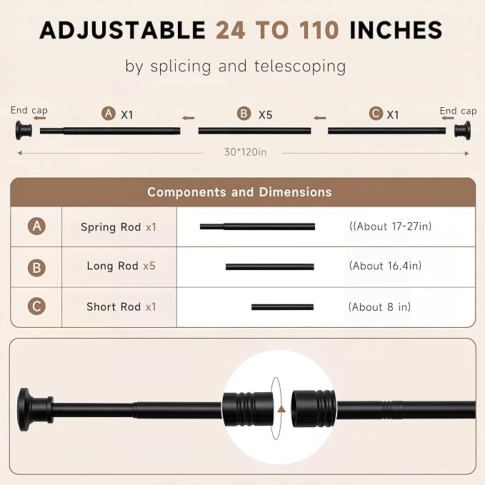 BRIOFOX Black Tension Curtain Rod 24 to 110 Inch(2-9.1ft) - Spring Tension Shower Curtain Rod, No Drilling Tension Rod for Curtains Windows Closet Kitchen