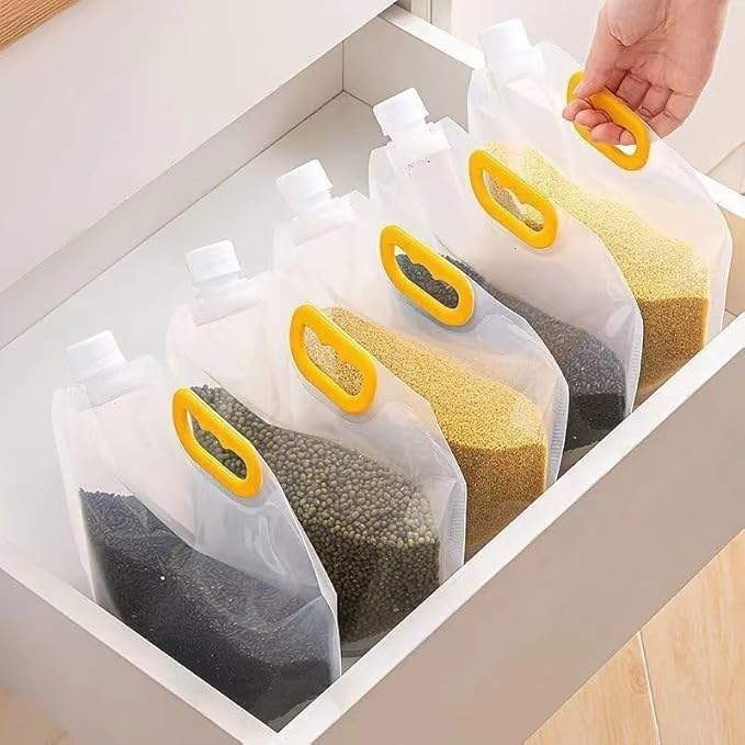 6pcsFood Storage Bags, Grain Moisture-proof Sealed Bag,Stand Up Food Bags Large Reusable Sealed Bag with Handle and Cap BPA Free